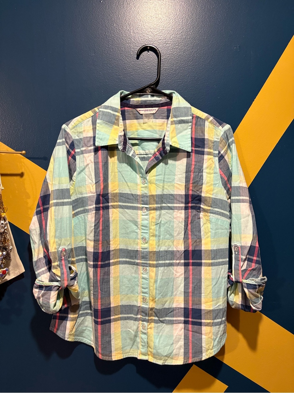Allison Daley Aqua Plaid Roll Tab Sleeve Button Down Shirt NWOT